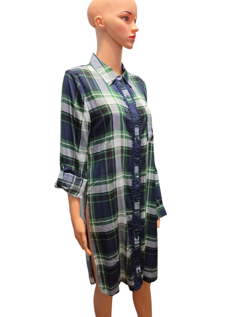 Entro Green Navy Plaid Gorpcore Big-Slit Preppy Tunic Shirt Dress Sz L